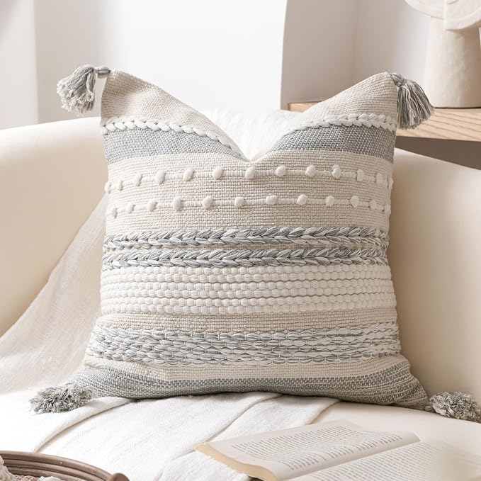Gray Boho Decorative Throw Pillow Cover 22x22 Square Farmhouse Accent Cushion for Couch Sofa Livingroom Bedroom Pillowcase Modern Home Décor (Pack of 1)