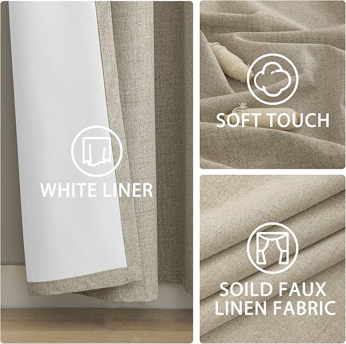 Yakamok Natural Linen Textured Curtains 63 Inches Long for Living Room | 100% Blackout Curtains,Room Darkening Curtains,Thermal Grommet Bedroom Curtain 2 Panels with Greyish White Liner,52W x 63L