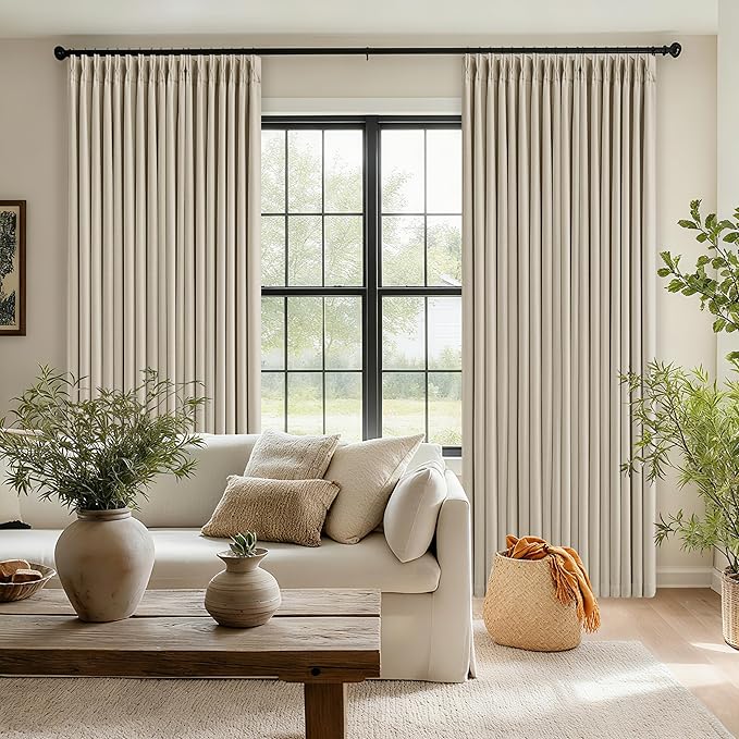 Oatmeal Beige 70 Inch Extra Wide 100% Blackout Curtain 84 Inches Long | Pinch Pleated with Back Tab, Thick Linen with Liner, Thermal Black Out for Living Room Bedroom Large Window, 70x84 1 Panel