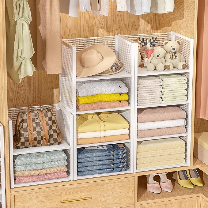 2-Tier Stackable Closet Organizers and Storage Basket, Wire Clothes Shelf Organizer Bins, Sweater Storage for Wardrobe Cupboard, Multifunctional Cube Storage Box for Kitchen Bath Laundry Room, White