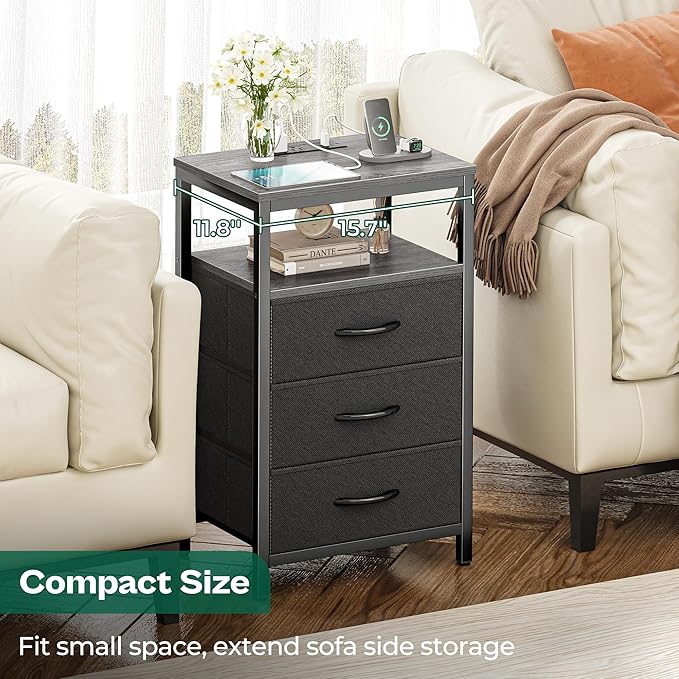 Huuger Nightstand with Charging Station, 27.6 Inch Bedside Table,Side Table | Night Stand with USB Ports and Outlets, End Table with Fabric Drawers, Night Stand with Charger Station, Charcoal Gray