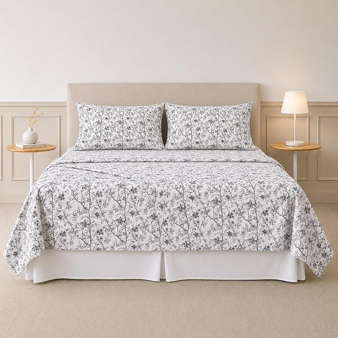 Modern Threads Silky Soft Microfiber and Wrinkle Free Sheets - Luxurious Microfiber Bed Sheets Includes Flat Sheet, Fitted Sheet with Deep Pockets, & Pillowcases Grey Garden Toile, Twin