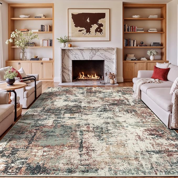 Rugflix 8x10 Area Rugs for Living Room, Washable Rust Brown Green Large Rug | Machine Washable; Stain-Resistant; Low Pile; Non-Slip; Modern Abstract; Carpet for Bedroom Dining Office Nursery Home