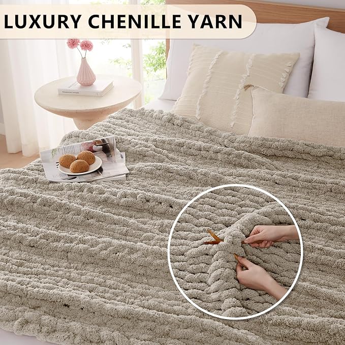 L'AGRATY Chunky Knit Throw Blanket for Couch, 60 x 80 Inches, Light Linen | Handmade Chenille Crochet Blanket for Sofa Bed, Thick Cable Knitted Blankets for Room Home Decor, Birthday Gift for Women Mom