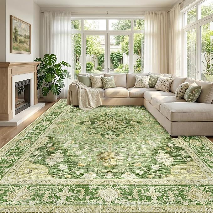 RELEANY Washable Area Rug, Large 10'x12', Green/Yellow | Non-Slip, Water Repellent, Pet Friendly, Easy to Clean, Vintage Floral Boho Decor for Living Room Bedroom Dining Room