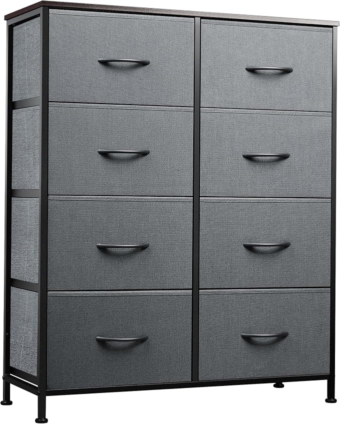 WLIVE Fabric Dresser for Bedroom, Tall Dresser with 8 Drawers, Storage Tower with Fabric Bins, Double Dressers, Chest of Drawers for Closet, Living Room, Hallway, Dark Gray | 8-drawer tall storage tower with fabric bins and wood tabletop, breathable no...
