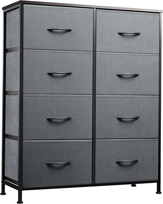 WLIVE Fabric Dresser for Bedroom, Tall Dresser with 8 Drawers, Storage Tower with Fabric Bins, Double Dressers, Chest of Drawers for Closet, Living Room, Hallway, Dark Gray | 8-drawer tall storage tower with fabric bins and wood tabletop, breathable no...