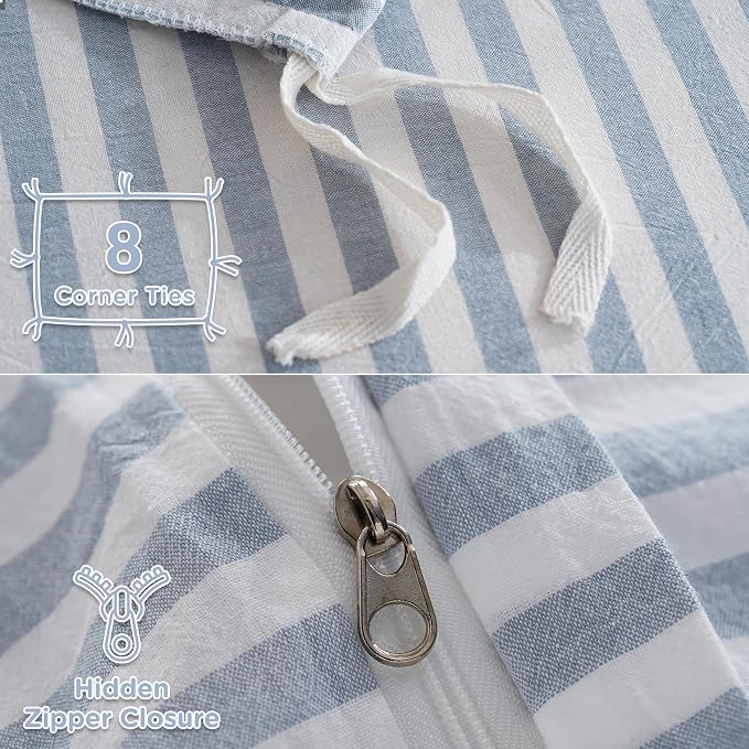 TOCOMOA Blue Striped Duvet Cover Set 100% Washed Cotton Like Linen, King | Linen-Like Feel Soft, Breathable & Comfy for All Season. Lightweight Bedding Set with Zipper & 8 Ties. 3 Pcs, No Insert