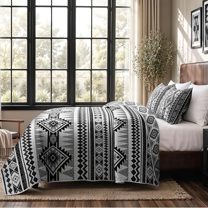 akkialla Reversible Black Boho Twin Quilt Set, 2-Piece Bohemian Aztec Microfiber Bedspread, Soft Lightweight All-Season Coverlet (1 Quilt, 1 Sham)