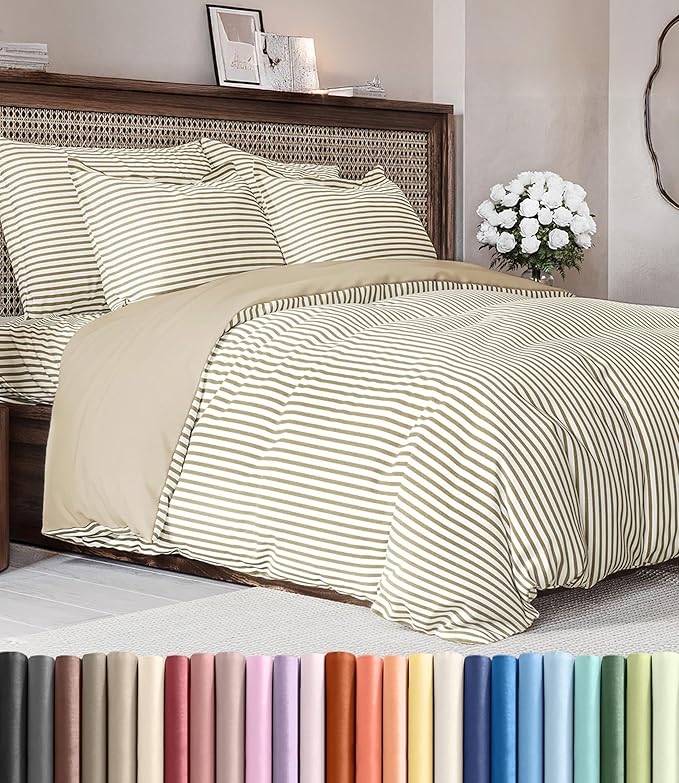 Duvet Cover Full Size - 3 Piece with Zipper Closure - Beige Stripes | Extra Soft, Breathable, Full Duvet Cover 80" x 90" with 2 Pillow Shams, Zipper Closures & Ties, Women, Men, Kids & Teens