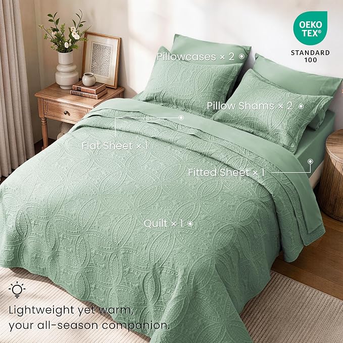 Love's cabin King Quilt Set Sage, Bed in a Bag King Size Bedding 7 Pieces, Ultrasonic Embossed Coin Pattern Comforter, Lightweight Bedspreads for All Seasons Quilt with Sheets, Pillowcases & Shams