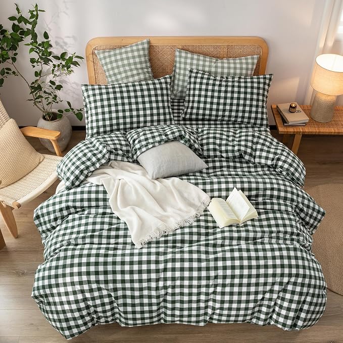 BESTOUCH Gingham Cotton Duvet Cover Set Green Full | Washed Cotton, Linen Feel, Soft Wrinkle Texture, Hidden Zipper, 8 Ties, Breathable Lightweight Durable Comfy, 3 Pcs No Insert