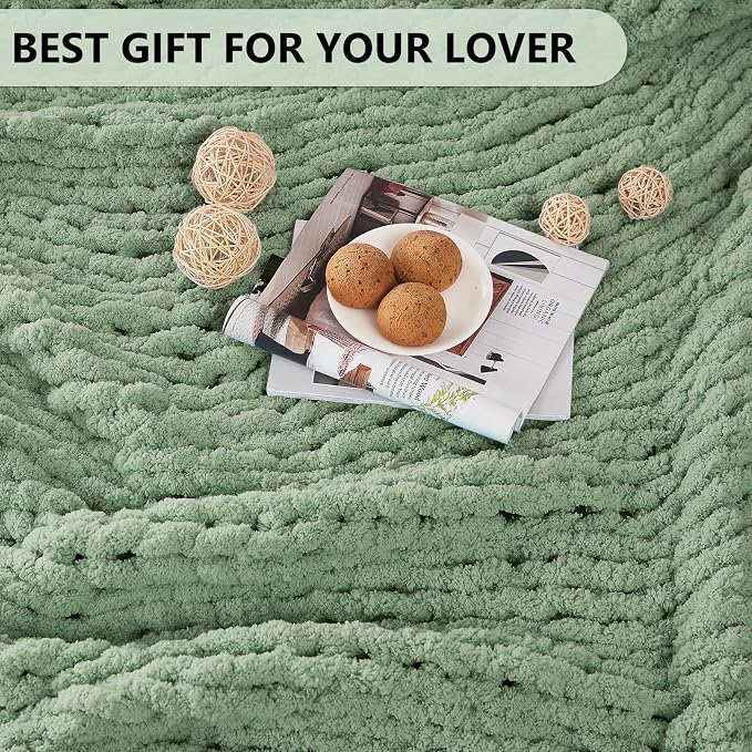 L'AGRATY Chunky Knit Throw Blanket for Couch, 60 x 80 Inches, Sage Green | Handmade Chenille Crochet Blanket for Sofa Bed, Thick Cable Knitted Blankets for Room Home Decor, Birthday Gift for Women Mom