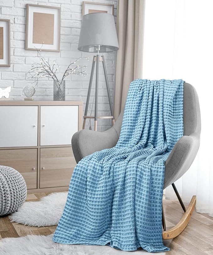 Utopia Bedding 100% Cotton Waffle Blanket Twin Size Sky Blue, 90x72 Inch | Lightweight Breathable Cozy Summer Bed Blanket Home Decor Gift for Women and Men