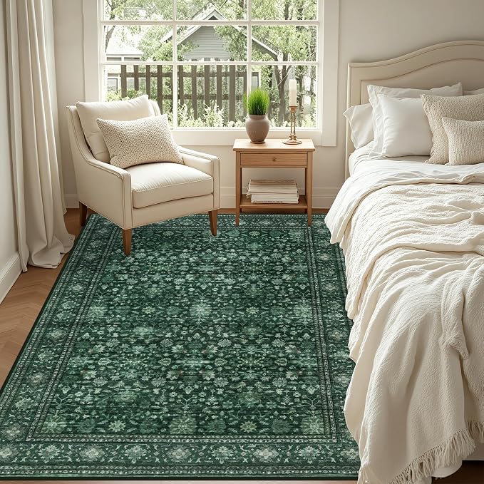 3x5 Area Rugs Living Room: Washable Rug for Bedroom Deep Green | Boho No Slip Stain Resistant Rug Soft Indoor Decor Floor Floral 3x5 Area Rugs for Dining Room, Nursery, Hallway, Home Office