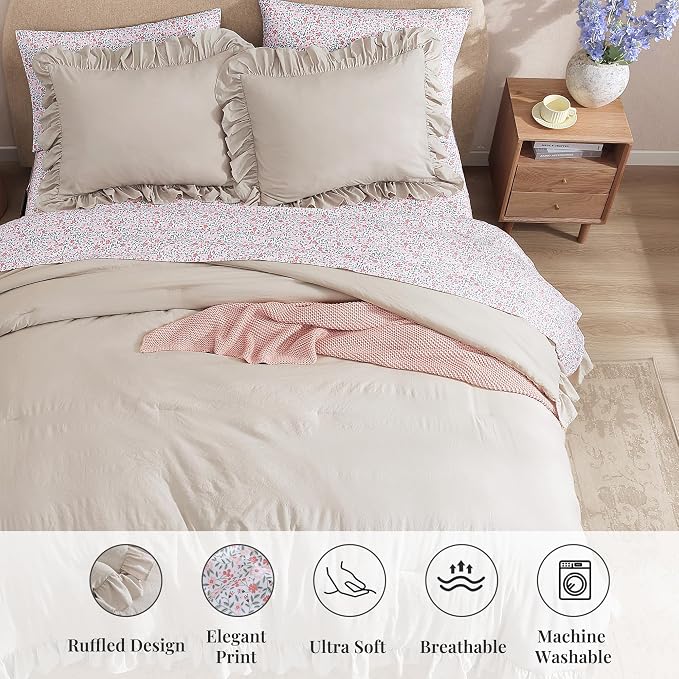 King Size Comforter Set-7 Pieces Ruffle Bedding Floral Sheet | Brich Bed in a Bag, Soft Lightweight All Season Farmhouse King Size Bedding Sets with Floral Sheets, Pillowcases & Shams