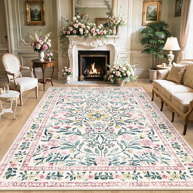 PLHXFR 8x10 Area Rug Living Room: Floral Washable Boho Carpet Pink Green | For Bedroom Dining Room Farmhouse Nursery Hallway,Vintage Floral,Machine washable,Non Slip,Stain Resistant,Large Indoor
