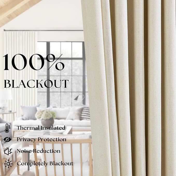 Cream Beige Pleated Black Out Linen 45 Inch Curtains with Liner 2 Panels | 100% Blackout, Memory Trained Pinch Pleat, Thermal Insulated, Noise Reduce, Short Curtains 2 Layers for Kitchen Small Window