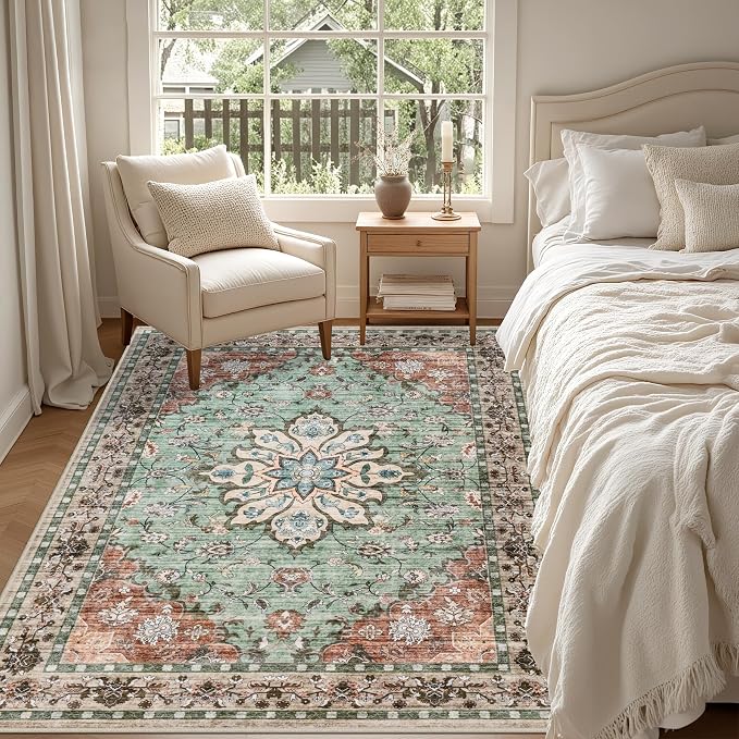 6x9 Area Rugs Living Room: Washable Rug for Bedroom Brown Green | Boho No Slip Stain Resistant Rug Soft Indoor Decor Floor Floral 6x9 Area Rugs for Dining Room, Nursery, Hallway, Home Office