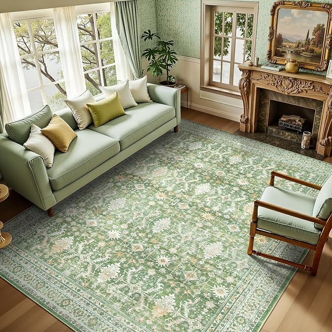 6x9 Area Rugs for Living Room, Washable Large Carpet, Light Green | Soft Rug for Bedroom, Dining Room, Home Office, Indoor, Nursery, Stain Resistant, Non-Slip, Low Pile,Vintage Distressed Rug