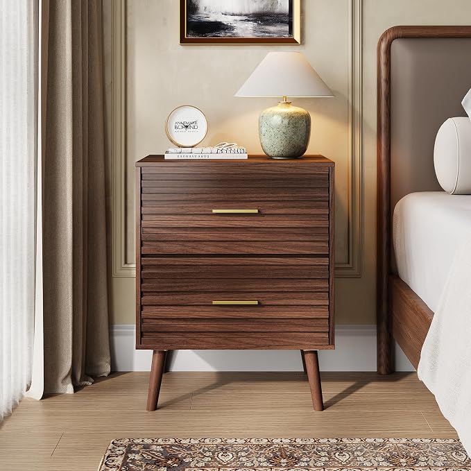 WLIVE Nightstands Set of 2, Mid Century Modern Bedside Tables with Fluted Drawers, Walnut Wood End Table with Storage for Bedroom, Accent Furniture
