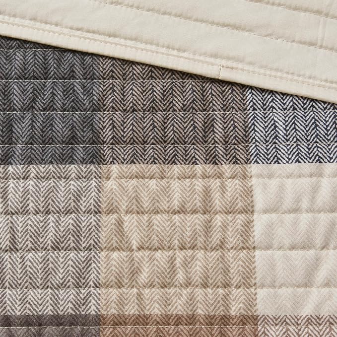 Madison Park Cabin Lifestyle Plaid Quilt Set, 6PC Full/Queen Coverlet | All Season, Luxurious Coverlet Bedspread Lightweight Bedding Layer, Shams, Decorative Pillow, Neutral