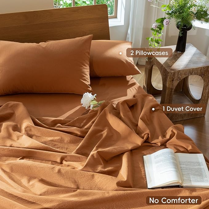 MooMee Duvet Cover Set 100% Washed Cotton Linen Like Super Queen | Relaxed Linen-like Texture. Soft, Breathable & Long-lasting Comfort. Lightweight. Hidden Zipper with 8 Interior Corner Ties