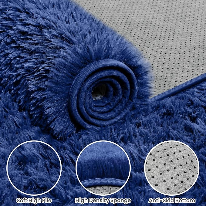 8x10 Fluffy Shag Area Rugs for Living Room Bedroom: Soft Plush Carpet Blue | Upgraded Non-Slip Thick Memory Foam, Ultra Soft, Non-Shedding Fuzzy Carpet, Easy Clean Decor for Kids Room, Nursery, Playroom