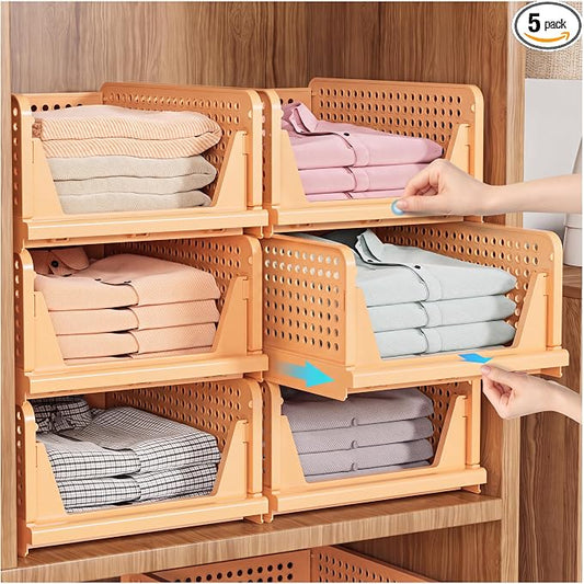 SNSLXH 5 Pack Stackable Closet Organizer Box, Multifunctional & Foldable Closet Storage Basket for Bathroom Kitchen Laundry Room Wardrobe Storage, Space-Saving Clothes Storage Drawer Organizer, Yellow | Stackable & Foldable Closet Storage Bins for Bath...