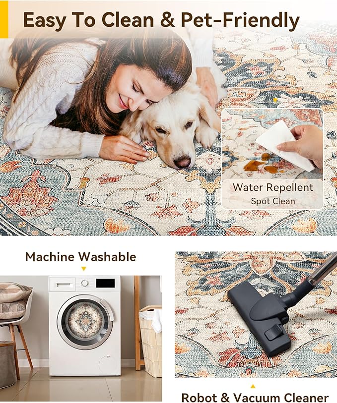 RELEANY Washable Area Rug, Round 8ft, Beige/Blue/Orange | Non-Slip, Water Repellent, Pet Friendly, Easy to Clean, Vintage Floral Boho Decor for Living Room Bedroom Dining Room
