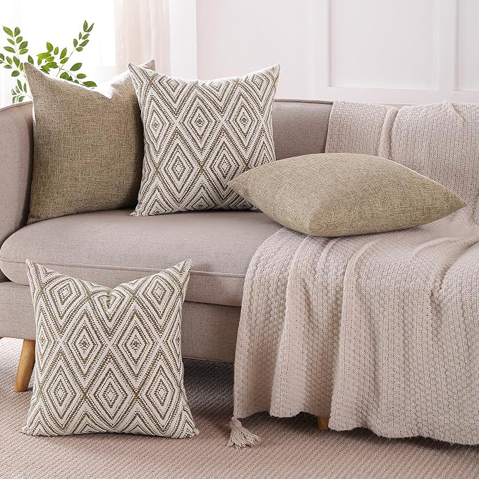 HPUK Throw Pillow Covers 20x20, Set of 4, Light Brown Couch Pillow Covers | Polyester fabric, patterned and solid designs, hidden zippers, machine washable, for sofas and beds, inserts not included