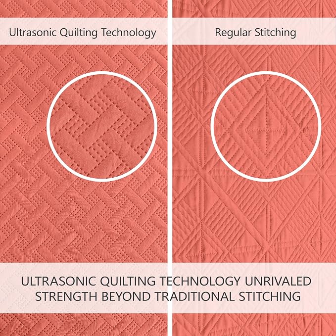 FLYMME Quilts Queen Size,Lightweight Coral Bedspreads,Basket Weave Pattern,Ultra Soft Microfiber Bed Coverlet 3 Pieces for All-Seasons (1 Quilt,2 Shams)