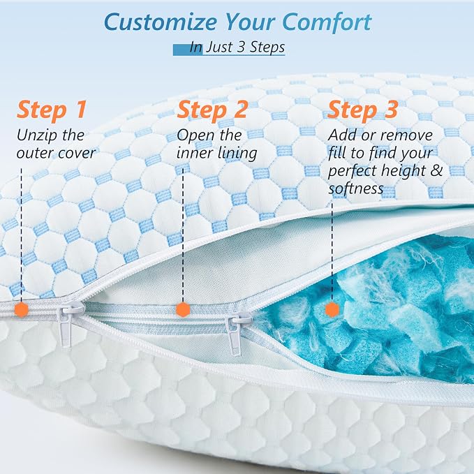 UYWO Cooling Memory Foam Pillows Standard Size Set of 2, Blue | Firm/Soft Cooling Bed Pillows for Side/Back/Stomach Sleepers, Ergonomic Neck Support Pillow