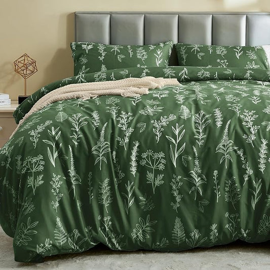 MUXHOMO Duvet Cover Twin/Twin XL Size Set, Reversible Floral Dark Green Duvet Cover with Zipper Closure, 2 Pieces Botanical Patterns Soft Bedding Set with 4 Ties (68"x90", 1 Pillow Case)