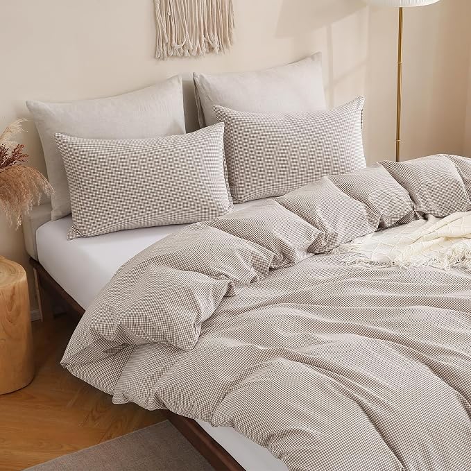 TOCOMOA Mini Gingham Tan Duvet Cover Set Washed Cotton Like Linen, Full | 100% Washed Cotton Linen-Like Feel Soft, Breathable & Comfy. Lightweight Bedding Set with Zipper & 8 Ties. 3 Pcs, No Insert
