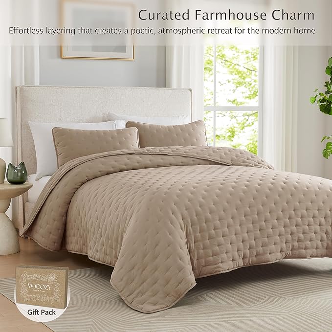 WDCOZY Beige Cloud California Cal King Size Quilt Bedding Sets with Pillow Shams, Oversized Tan Lightweight Bedspread Coverlet, Taupe Camel Soft Cute Bed Cover for All Season