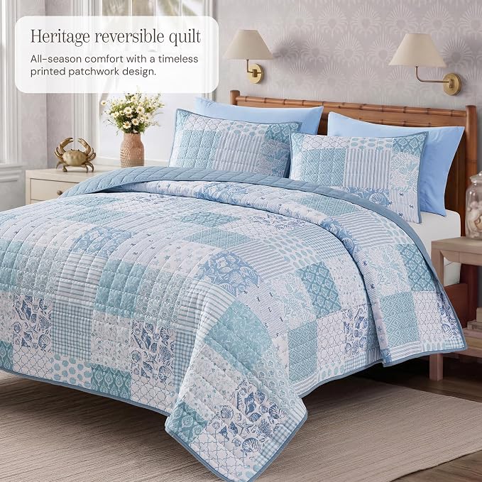 King Quilt Set-3 Pieces Soft Bedding Lightweight Floral Patchwork Coverlet | All Seasons Quilts Queen Size for Bed, 1 Quilt (106" x 94") and 2 Shams (20" x 36"), Vintage Bedspread, Sea Blue