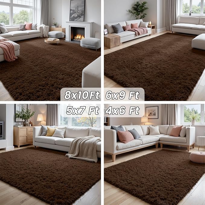 5x8 Fluffy Shag Area Rugs for Living Room Bedroom: Soft Plush Carpet Brown | Upgraded Non-Slip Thick Memory Foam, Ultra Soft, Non-Shedding Fuzzy Carpet, Easy Clean Decor for Kids Room, Nursery, Playroom