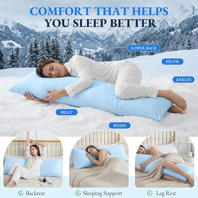 ELNIDO QUEEN Cooling Body Pillow Insert with Cover – Breathable Long Body Pillow for Side Sleepers, Soft Support Bed Pillow for Adults, 20x54 Inches Blue