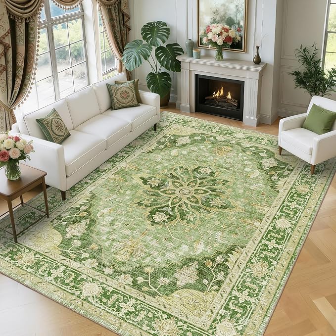RELEANY Washable Area Rug, 8'x10', Green/Yellow | Non-Slip, Water Repellent, Pet Friendly, Easy to Clean, Vintage Floral Boho Decor for Living Room Bedroom Dining Room