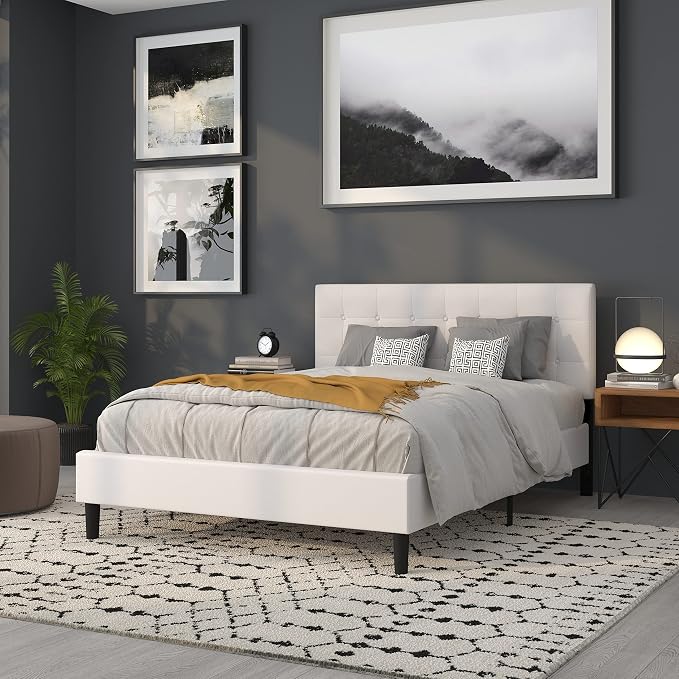 Flash Furniture Queen Tufted Vinyl Headboard, White | Adjustable Height, Easy Install, Bedroom Decor