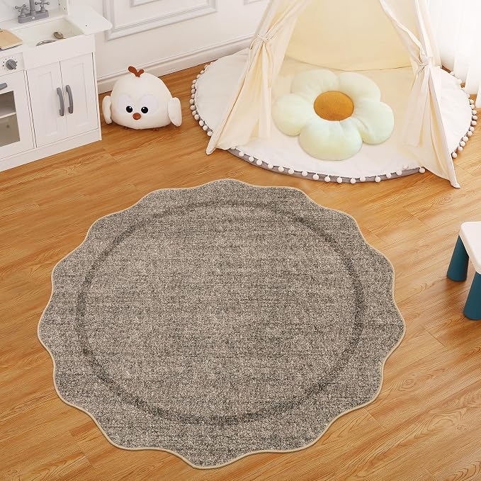 GarveeHome Scalloped Round Area Rugs Washable Small Round Rug 3ft Non-Slip | Soft Boho Ultra-Thin Circle Low Pile Stain Resistant Carpet for Bedroom Entryway Kitchen Laundry Bathroom