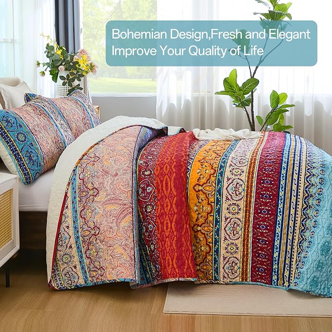 WONGS BEDDING Boho Quilt Calking Size,3 Pcs Bedding Set,Blue Beige | Colorful Bohemian Striped Printed Bedspread for All Season, Lightweight Microfiber Coverlet Set with 2 Pillowcases (106"x96")