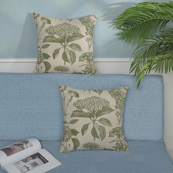 Sage Green Pillow Covers 24x24 Inch 2 Pcs Boho Vintage Floral Decor Throw Pillows Hydrangea Flower Seasonal Outdoor Farmhouse Neutral Accent Decoration Pillowcase Linen Cushion Cover for Sofa