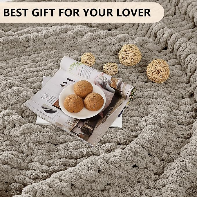 L'AGRATY Chunky Knit Throw Blanket for Couch, 60 x 80 Inches, Light Linen | Handmade Chenille Crochet Blanket for Sofa Bed, Thick Cable Knitted Blankets for Room Home Decor, Birthday Gift for Women Mom