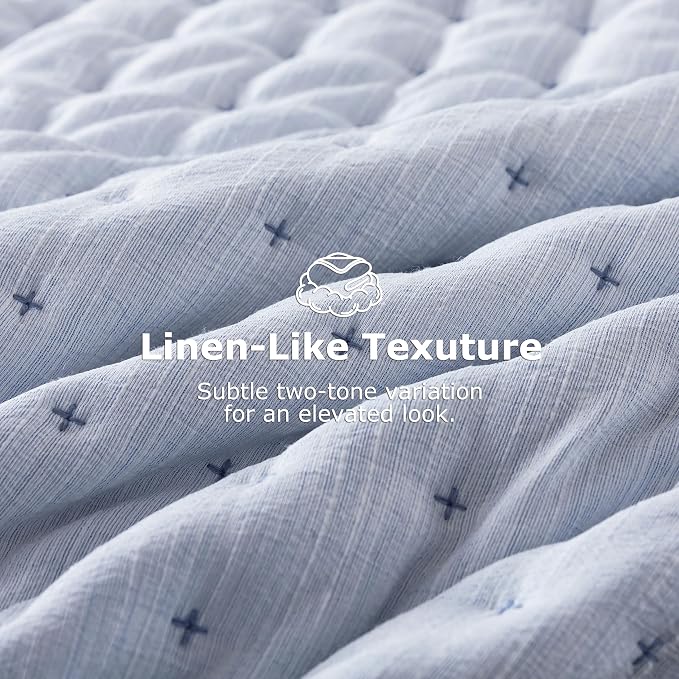 WDCOZY Blue Cloud Quilt Set King Size, Lightweight Soft Cross Stitch Bedspread, Textured Like Linen, Farmhouse Rustic Country Coverlet, Spring Summer Thin Comforter, 3 Pieces, 104x90 inches