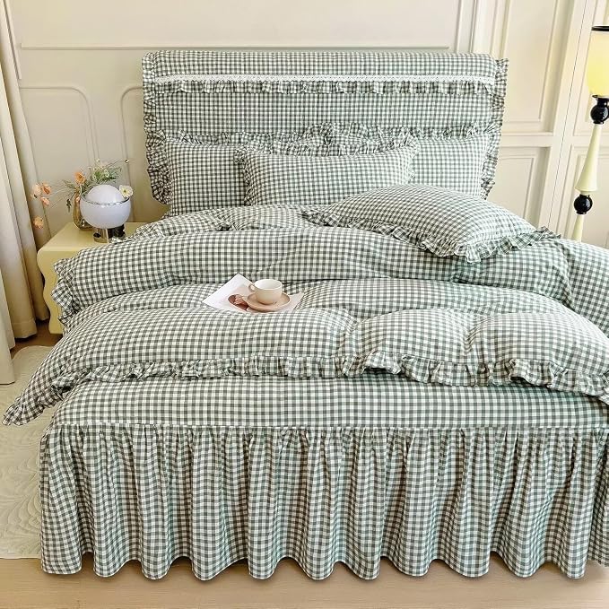LifeTB Queen Comforter Set Green Gingham Comforter Vintage Ruffle Checkered Pattern Comforter Set Chic Grid Plaid Bedding Comforter Lightweight Fluffy Soft Gingham Bedding Set Queen Breathable