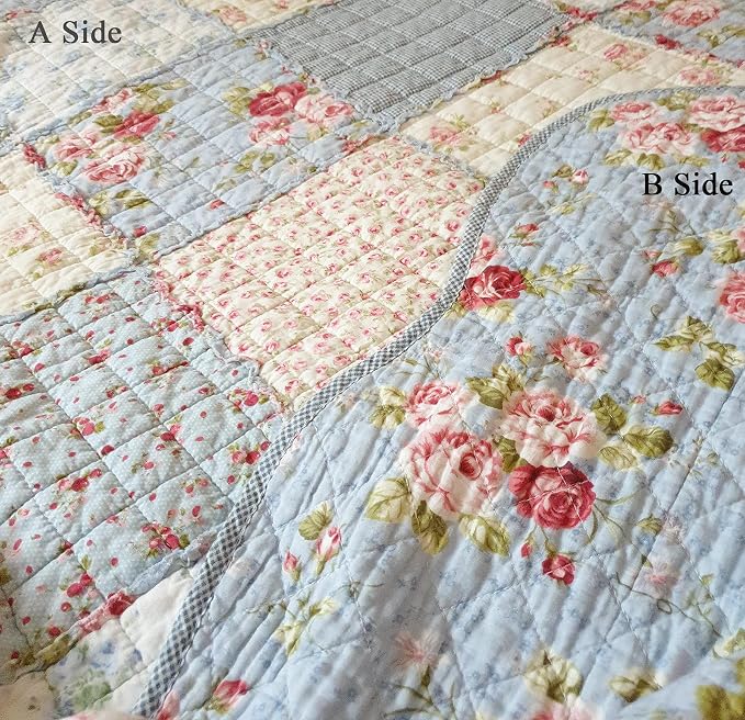 Cozyholy Original 100% Cotton Quilt Blue Floral Patchwork Quilts Quilted Throw Blanket, Reversible Bedspread Coverlet Vintage Shabby Chic Cottage Bedding Quilt for Bed Couch Sofa