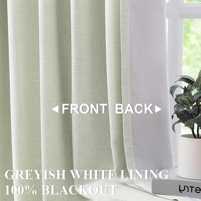 Vision Home Soft Green Pinch Pleated Full Blackout Curtains Linen Blended Room Darkening Window Curtains 102 inch for Living Room Bedroom Thermal Insulated Pinch Pleat Drapes with Hooks 60" Wx102 Lx1
