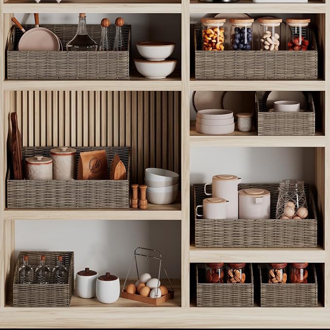Pantry Baskets for Organizing, Wicker Basket Shelf Storage | Handwoven Pantry Organizers and Storage with Built-in Handles, Laundryroom Organization Storage Bins for Snack Cans
